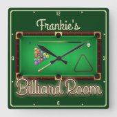 Billiards ADD NAME Pool Table Billiard Game Room Quadratische Wanduhr (Vorderseite)