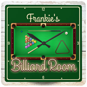 Billiards ADD NAME Pool Table Billiard Game Room Quadratische Wanduhr