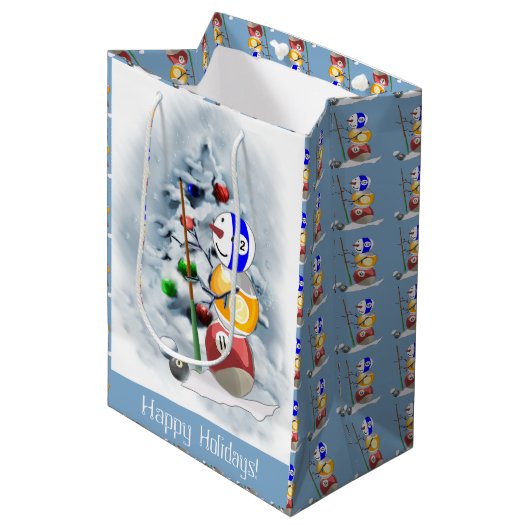 Billiards Ball Snowman Weihnachten Mittlere Geschenktüte (Vorderseite Schrägansicht)