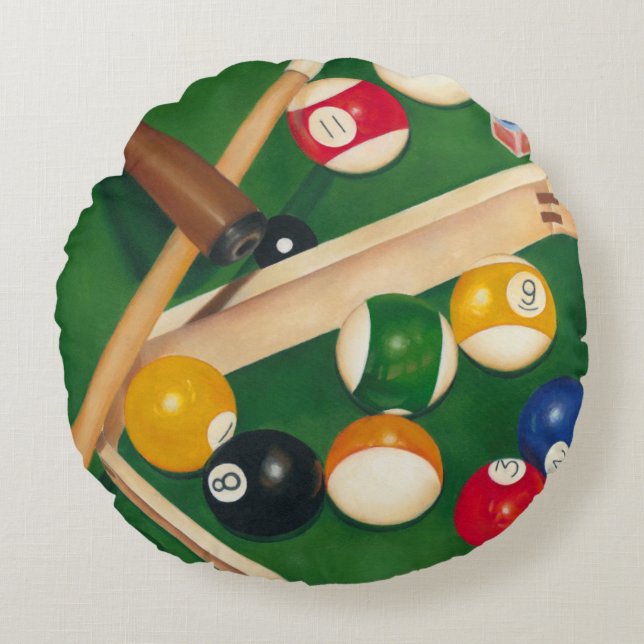 Billiardtisch mit Balls und Chalk Rundes Kissen (Vorderseite)