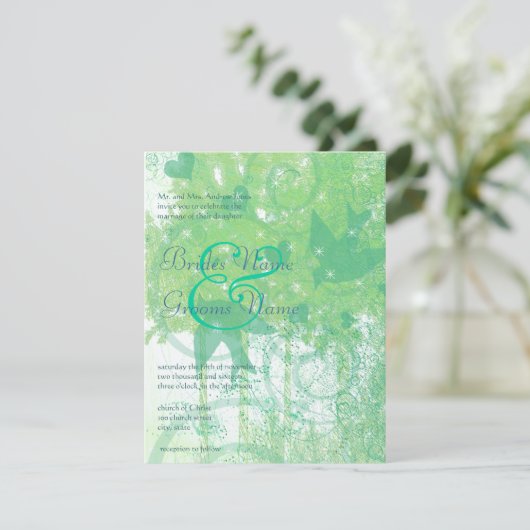 Billig Aqua Blue & Limone Vögel & Wirbel Hochzeit Einladung (Stehend Vorderseite)