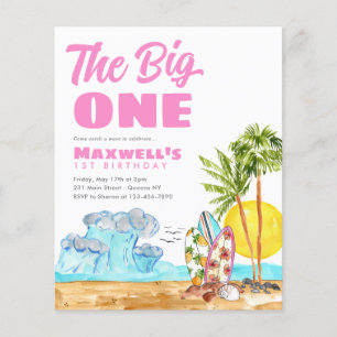 Billig Big One Pink Girl Beach 1. Surfen Geburtsta Flyer