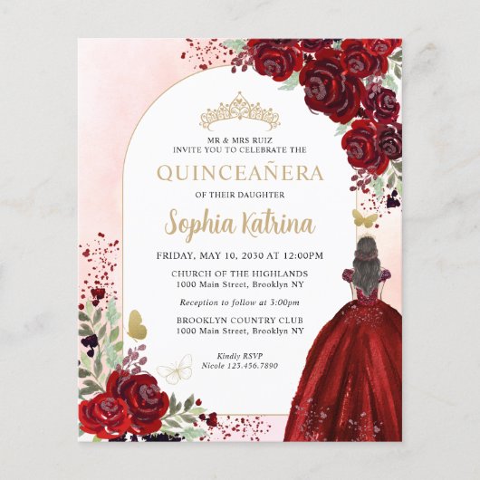 Billig floral Burgundy Gold Prinzessin Quinceanera Flyer (Vorne)
