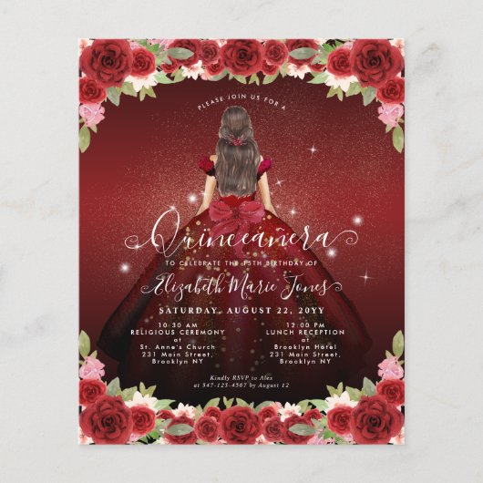 Billig floral Burgundy Gold Prinzessin Quinceanera Flyer (Vorne)
