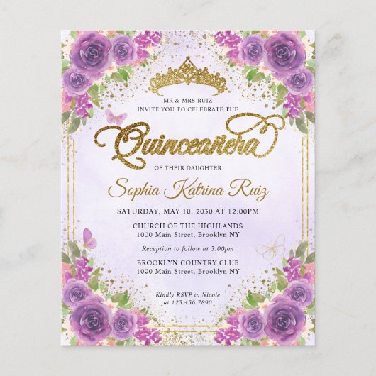 Billig Floral Light Lila Gold Tiara Quinceañera Flyer (Vorne)