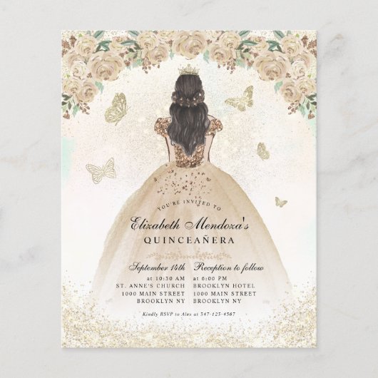 Billig Gold Glitzer Blumenprinzessin Quinceañera Flyer (Vorne)