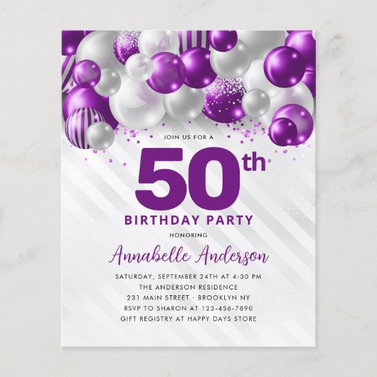 Billig Lila Silver Ballon Glitzer 50. Geburtstag Flyer (Vorne)