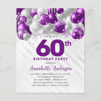 Billig Lila Silver Ballon Glitzer 60. Geburtstag Flyer