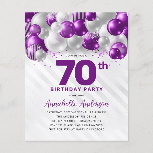 Billig Lila Silver Ballon Glitzer 70. Geburtstag Flyer (Vorne)
