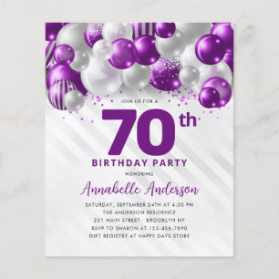 Billig Lila Silver Ballon Glitzer 70. Geburtstag Flyer