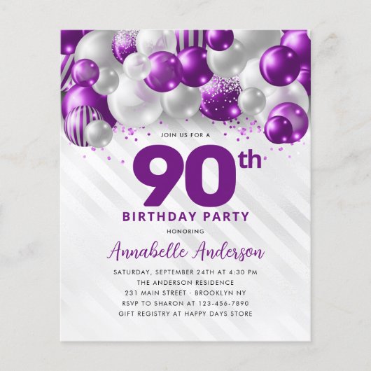 Billig Lila Silver Ballon Glitzer 90. Geburtstag Flyer (Vorne)