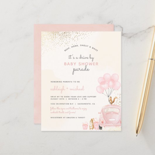 Billig rosa Ballonfahrwerk mit Babydusche (Vorderseite/Rückseite Beispiel)