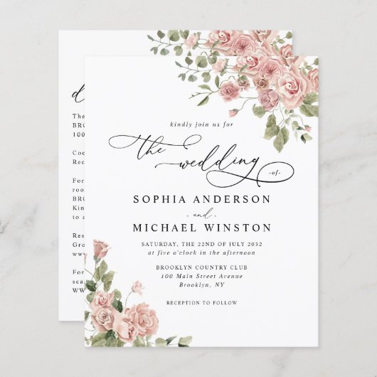 Billig Rosa Rose Blumenzwiebeln Einladung (Vorne/Hinten)