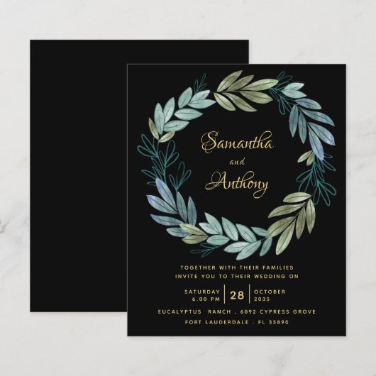 Billig Schwarz Botanische Hochzeit Einladung (Vorne/Hinten)