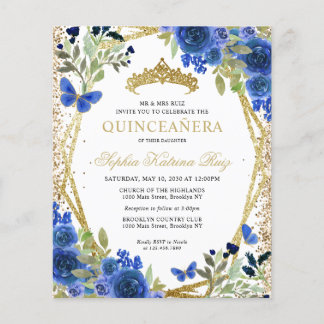 Billige Floral Navy Blue Gold Quinceañera Einladun Flyer