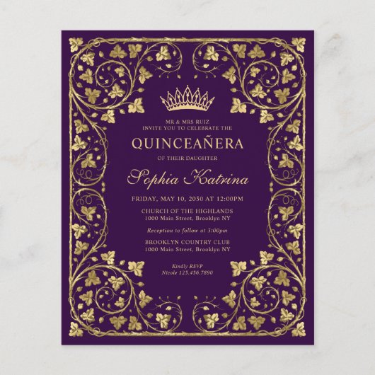 Billige Lila Violette Floral Gold Tiara Quinceaner Flyer (Vorne)