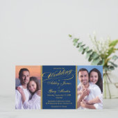 Billige Navy Gold Foto Collage Hochzeit Einladung (Stehend Vorderseite)