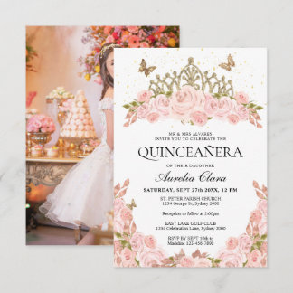 Billige rosafarbene Blumen-Tiara Foto Quinceanera Mitteilungskarte