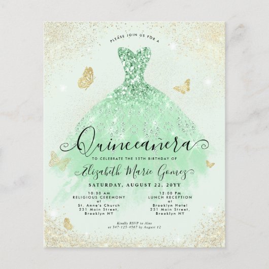 Billiges Sage Green Gold Glitzer Gozo Quinceanera Flyer (Vorne)