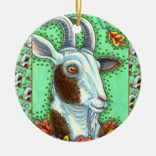 BILLY GOAT AND AUTUMN LEAVES, ERNTEDANK FARM KERAMIK ORNAMENT