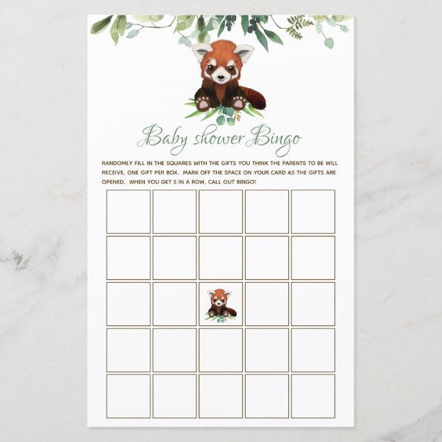 Bingo Baby Shower Game Gender Neutral Red Panda (Vorderseite)
