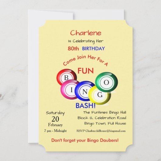 Bingo Bash Theme Spaß Farbiges Party Einladung (Vorderseite)