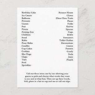 Bingo Card Geburtstagsparty ruft Worte aus Postkarte