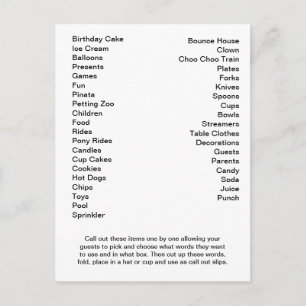 Bingo Card Geburtstagsparty ruft Worte aus Postkarte