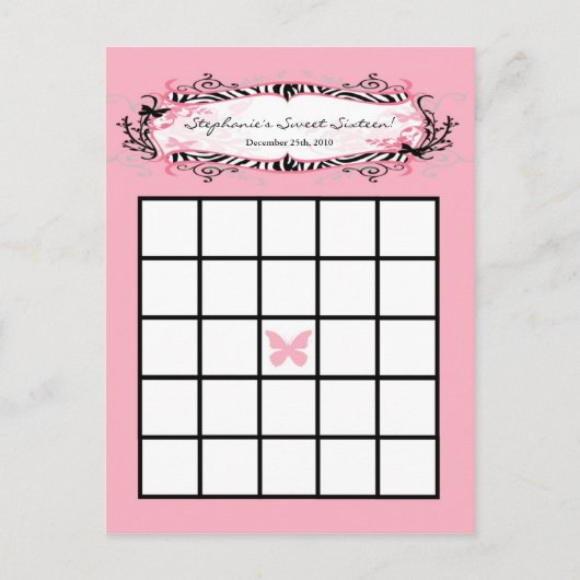 Bingo Card Girly Butterfly Zebra Print Postkarte (Vorderseite)