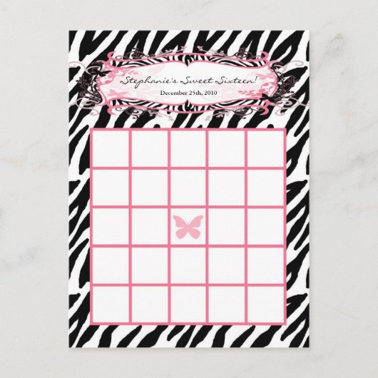 Bingo Card Girly Butterfly Zebra Print Postkarte (Vorderseite)