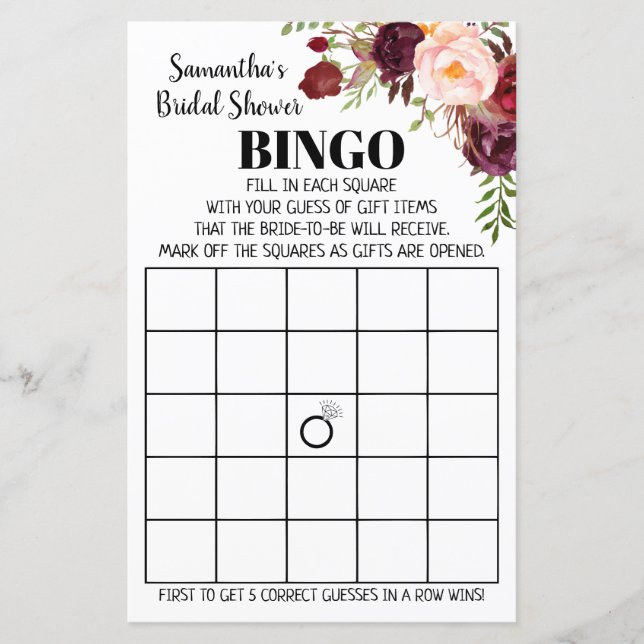 Bingo english spanisch Brautparty marsala (Vorderseite)