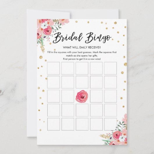 Bingo Game Brautparty Rosa Blütengoldkarte Einladung (Vorderseite)