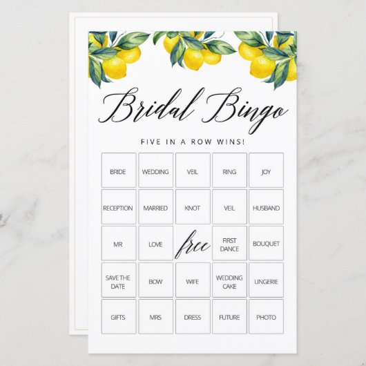 Bingo Game Card Lemon Brautparty Theme (Vorne/Hinten)