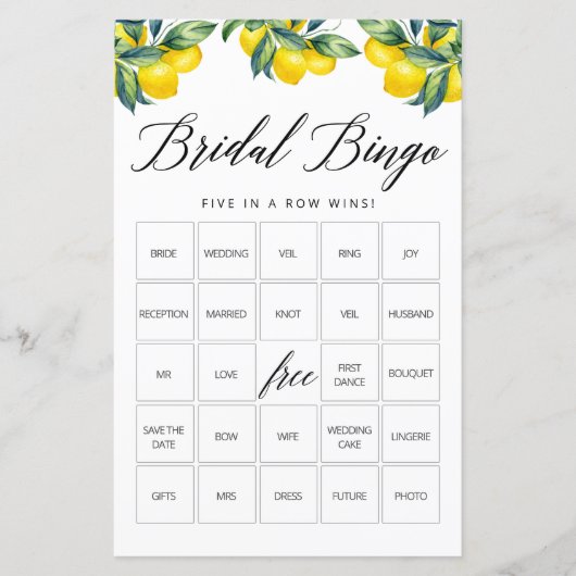Bingo Game Card Lemon Brautparty Theme (Vorderseite)
