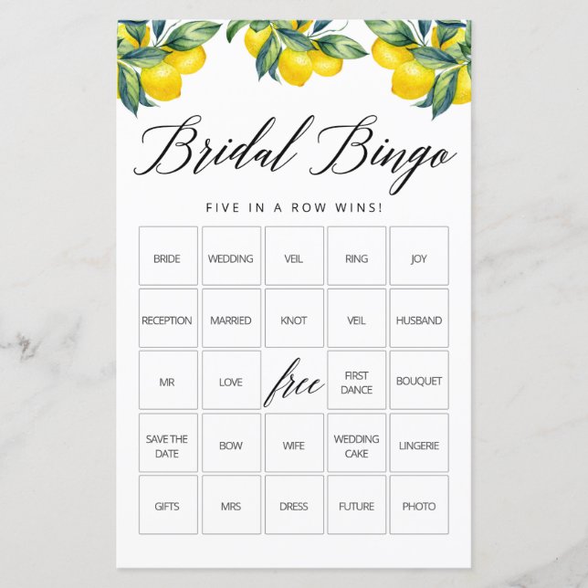 Bingo Game Card Lemon Brautparty Theme (Vorderseite)