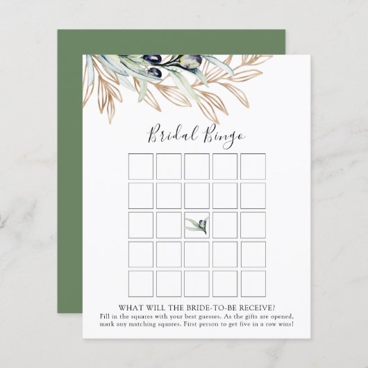 Bingo-Game-Karte für das Brautparty Olive Branch (Vorne/Hinten)