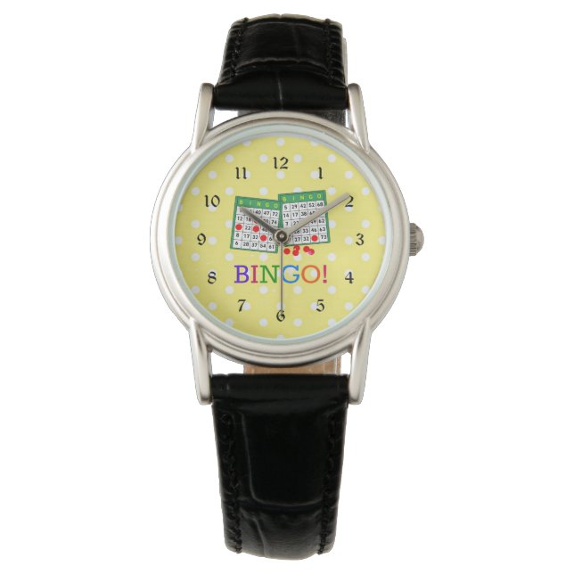 Bingo! Grüne und weiße Bingokarten auf Gelb Armbanduhr (Vorderseite)