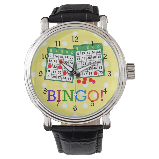 Bingo! Grüne und weiße Bingokarten auf Gelb Armbanduhr (Vorderseite)