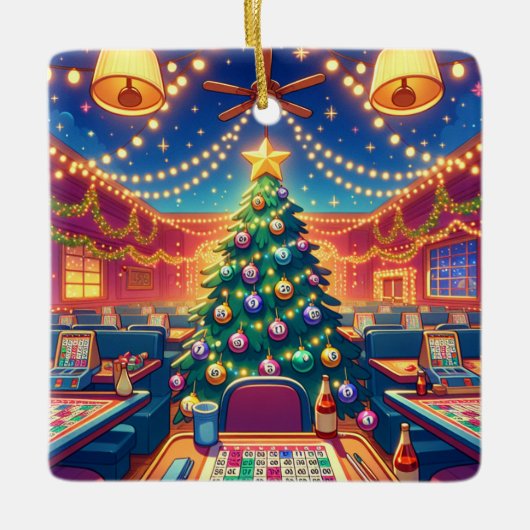 Bingo Hall Weihnachtsbaum mit Bingo Balls Keramikornament (Vorderseite)