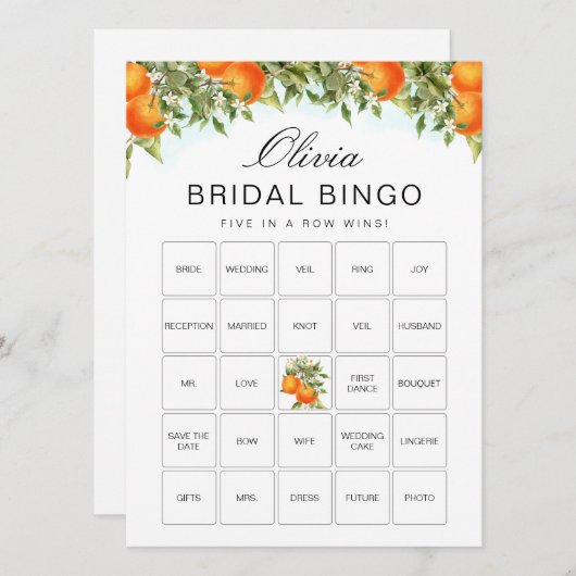 Bingo Orange Citrus Brautparty Game Card Einladung (Vorne/Hinten)