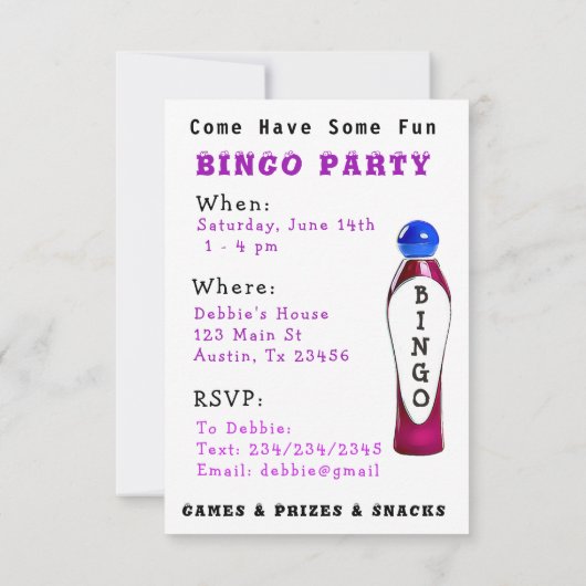 BINGO Party Einladung (Rückseite)