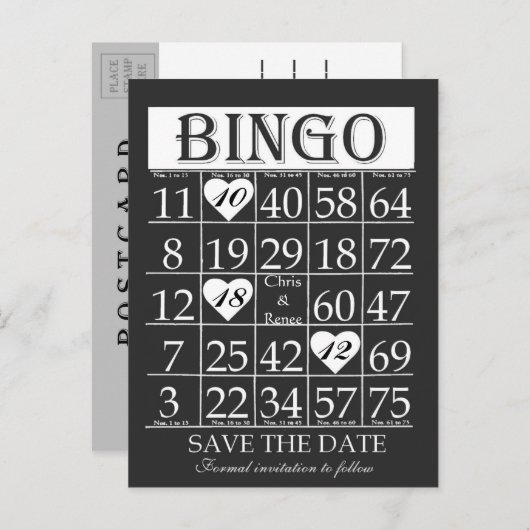 Bingo Save the Date Black & White Postcard Ankündigungspostkarte (Vorne/Hinten)