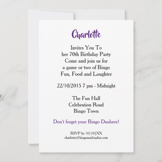 Bingo Themed Party Spaß farbenfrohe Einladung (Rückseite)