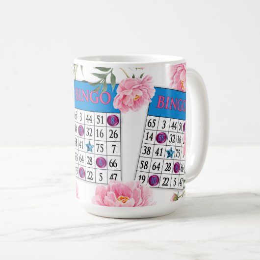 Bingokarte mit farbig rosa Blume Kaffeetasse (VorderseiteRechts)