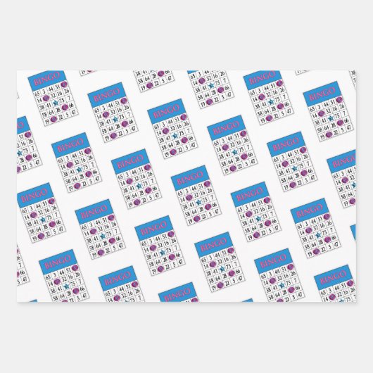 Bingokarten mit rosa und blauen Blumen und Pommes Geschenkpapier Set (Vorderseite)