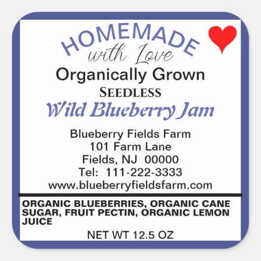 Bio Blueberry Jam Homemade Canning Quadratischer Aufkleber (Vorderseite)
