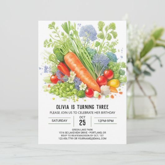 Bio Garden Fun Geburtstag Einladung (Stehend Vorderseite)