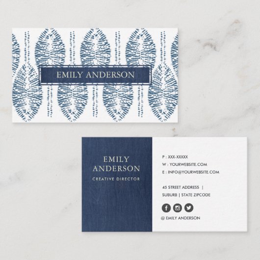 BIO LEAF-PATTERN INDIGO BLUE GEFÄRBTE KRAWATTE BAT VISITENKARTE (Vorne/Hinten)