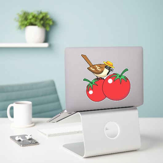 Bio Lover Sparrow Eating Red Tomato Aufkleber (Laptop auf Schreibtisch)
