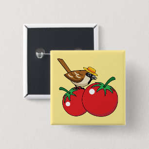 Bio Lover Sparrow Eating Red Tomato Button